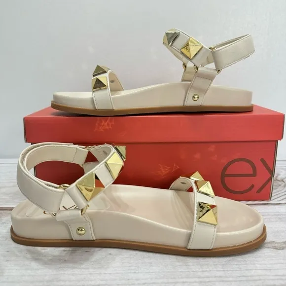 NEW exe Cream Beige Vegan Leather Gold Studded Molded Footbed Sandals