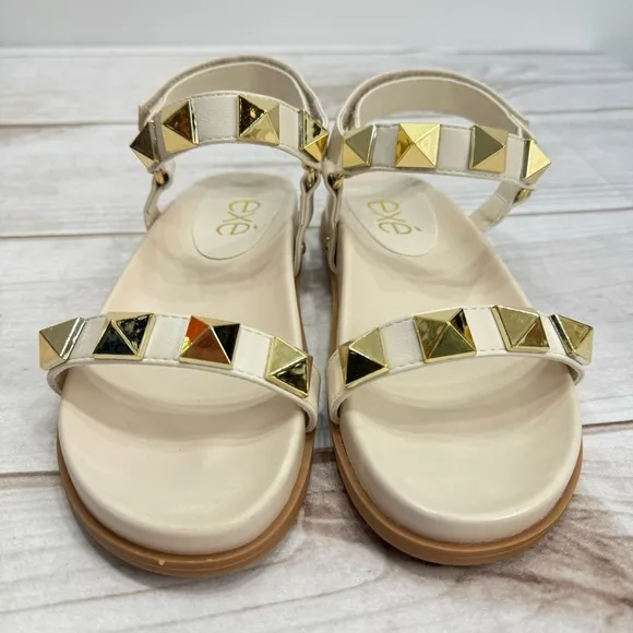 NEW exe Cream Beige Vegan Leather Gold Studded Molded Footbed Sandals