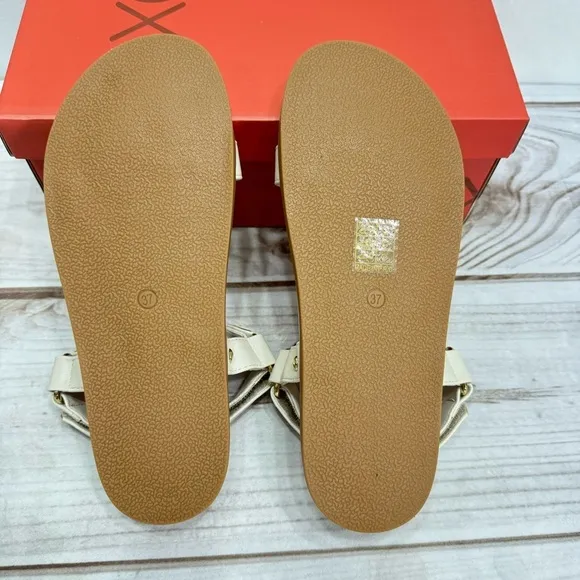 NEW exe Cream Beige Vegan Leather Gold Studded Molded Footbed Sandals