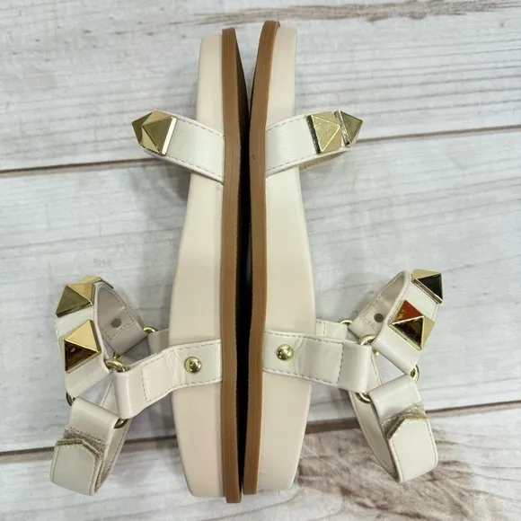 NEW exe Cream Beige Vegan Leather Gold Studded Molded Footbed Sandals