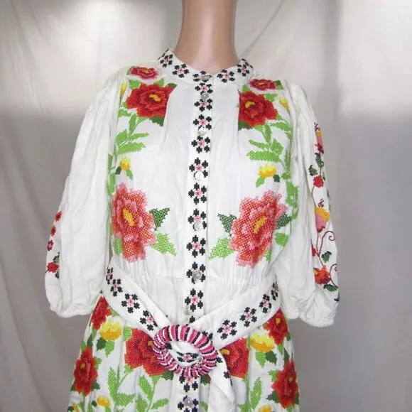 NEW FARM RIO Womens Conscious Embroidered Poplin Dress Size S Floral Off White