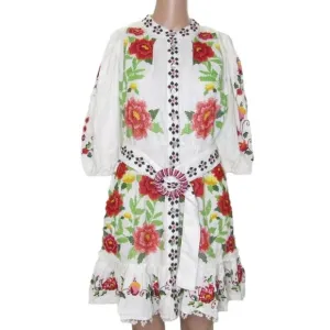 NEW FARM RIO Womens Conscious Embroidered Poplin Dress Size S Floral Off White