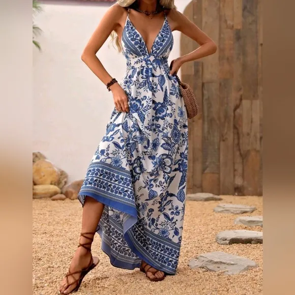 New Flowy Boho Tribal Maxi Dress Halter White Blue