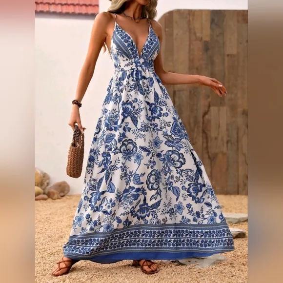 New Flowy Boho Tribal Maxi Dress Halter White Blue