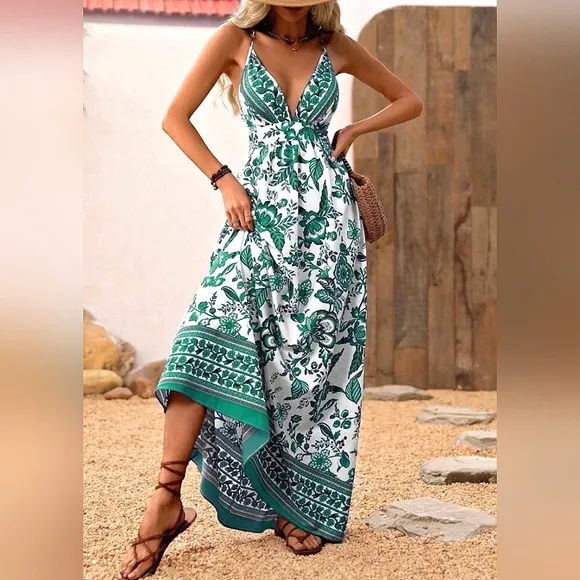 New Flowy Boho Tribal Maxi Dress Halter White Green