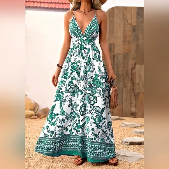 New Flowy Boho Tribal Maxi Dress Halter White Green