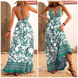 New Flowy Boho Tribal Maxi Dress Halter White Green