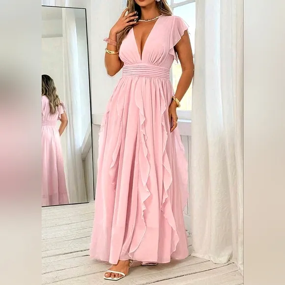 New Flowy Chiffon Waterfall Ruffle Maxi Dress Pink