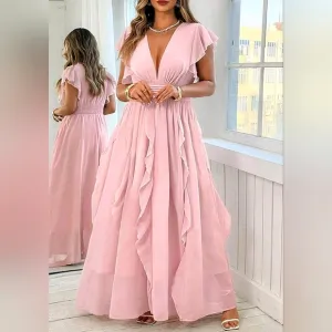 New Flowy Chiffon Waterfall Ruffle Maxi Dress Pink