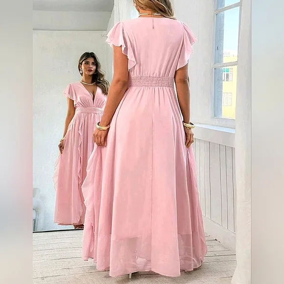 New Flowy Chiffon Waterfall Ruffle Maxi Dress Pink