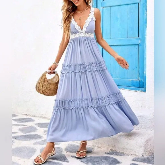New Flowy Lace Trim Tiered Ruffle Maxi Dress Blue White