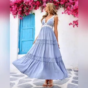 New Flowy Lace Trim Tiered Ruffle Maxi Dress Blue White