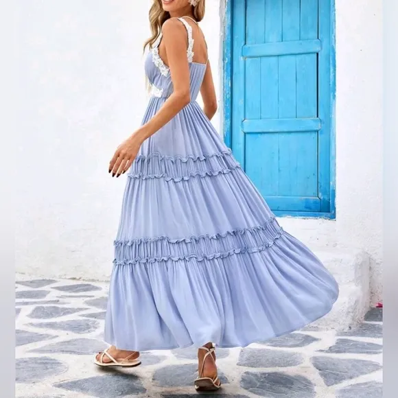New Flowy Lace Trim Tiered Ruffle Maxi Dress Blue White
