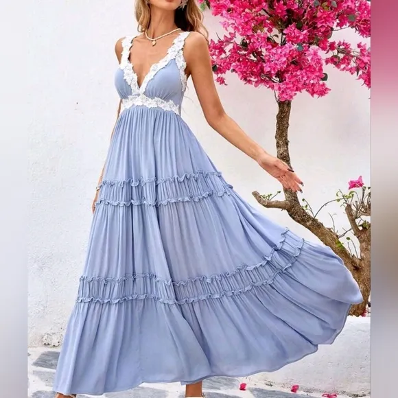New Flowy Lace Trim Tiered Ruffle Maxi Dress Blue White