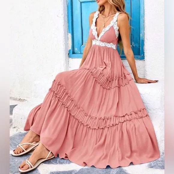 New Flowy Lace Trim Tiered Ruffle Maxi Dress Dusty Pink White