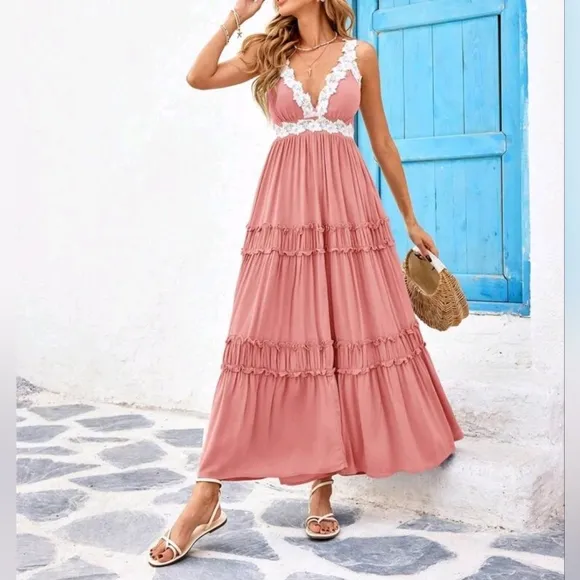 New Flowy Lace Trim Tiered Ruffle Maxi Dress Dusty Pink White