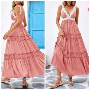New Flowy Lace Trim Tiered Ruffle Maxi Dress Dusty Pink White