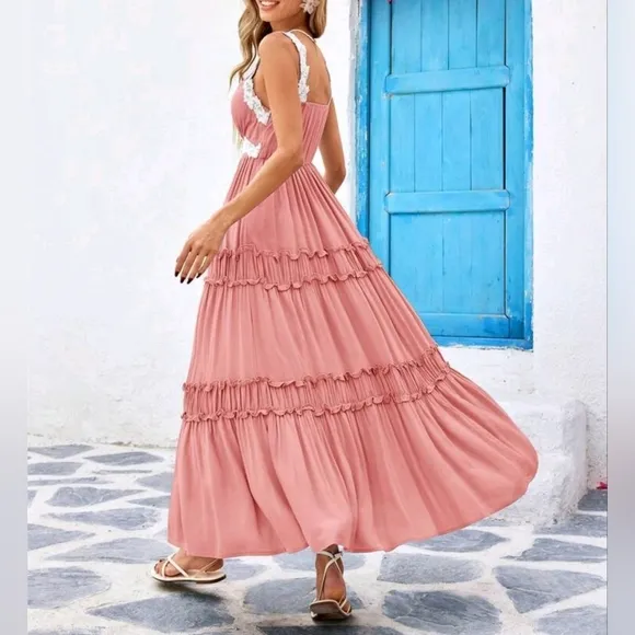 New Flowy Lace Trim Tiered Ruffle Maxi Dress Dusty Pink White