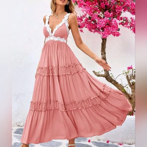 New Flowy Lace Trim Tiered Ruffle Maxi Dress Dusty Pink White