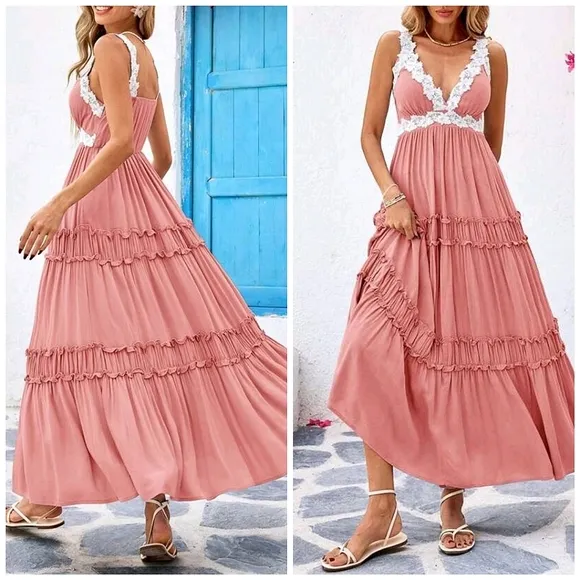 New Flowy Lace Trim Tiered Ruffle Maxi Dress Dusty Pink White