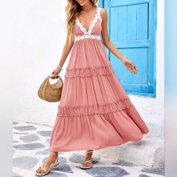 New Flowy Lace Trim Tiered Ruffle Maxi Dress Dusty Pink White