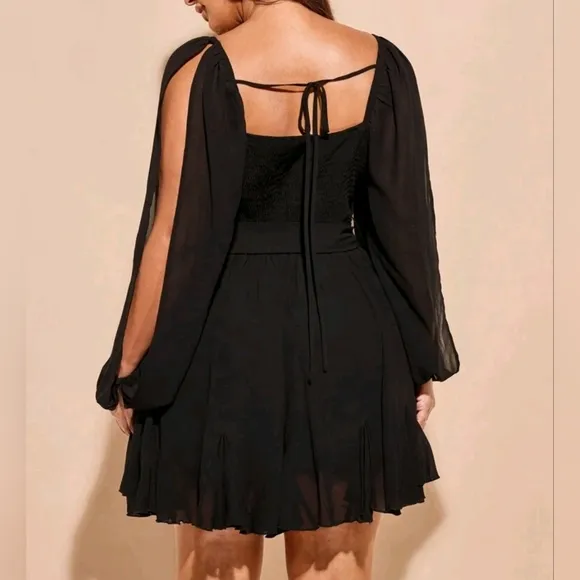 NEW Flowy Sheer Wrap Top Split Sleeve Godet Dress Romper PLUS Black