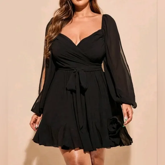 NEW Flowy Sheer Wrap Top Split Sleeve Godet Dress Romper PLUS Black