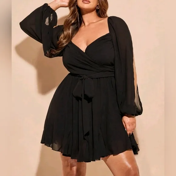 NEW Flowy Sheer Wrap Top Split Sleeve Godet Dress Romper PLUS Black