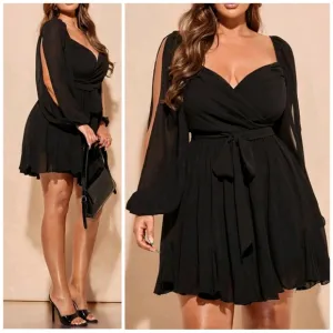 NEW Flowy Sheer Wrap Top Split Sleeve Godet Dress Romper PLUS Black