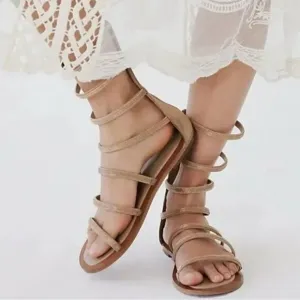 NEW Free People Gladiator Sandals Womens 8.5 Beige Suede Gold Bohemian Gypsie