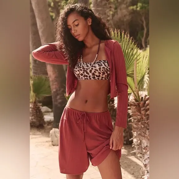 New Free People Monica Short &amp; Cardigan Set-Brown