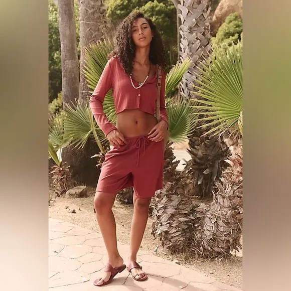 New Free People Monica Short &amp; Cardigan Set-Brown