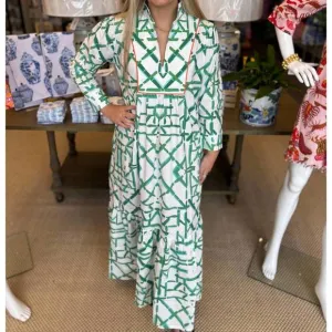 NEW HOUSE OF MBR emerald trellis pippa dress long in green