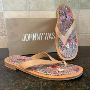 NEW Johnny Was‎ Jenna Thong Sandals Size 10 Flip Flops Floral Tan