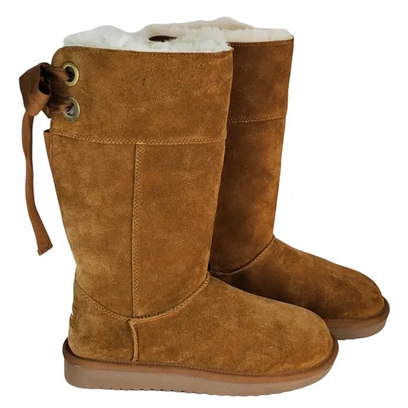 New Koolaburra ugg Andrah tall suede faux fur boots chestnut pull on winter