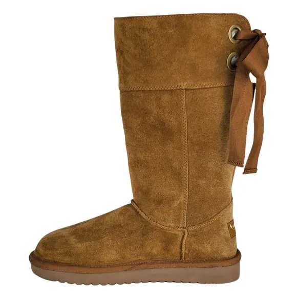 New Koolaburra ugg Andrah tall suede faux fur boots chestnut pull on winter