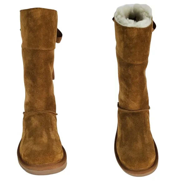 New Koolaburra ugg Andrah tall suede faux fur boots chestnut pull on winter