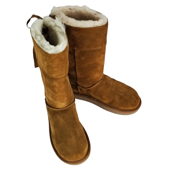 New Koolaburra ugg Andrah tall suede faux fur boots chestnut pull on winter