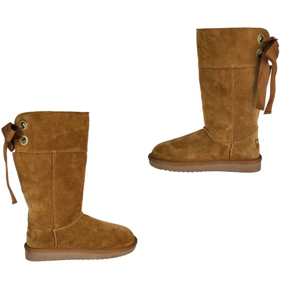 New Koolaburra ugg Andrah tall suede faux fur boots chestnut pull on winter