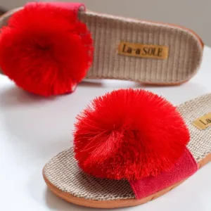 NEW! LA-a SOLE Red Fringe Playful Unique Pom Pom Sandals 8 9