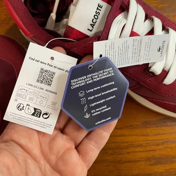 NEW Lacoste L-Spin 223 Sneakers Burgundy Gum Comfort Lightweight Men's 9 Retro