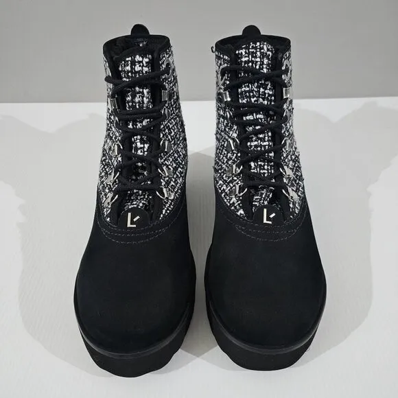 NEW Larroude Vail Ankle Bootie Water Resistant Black White Tweed Nubuck 7.5