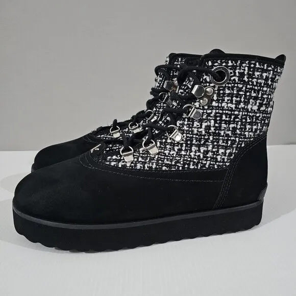 NEW Larroude Vail Ankle Bootie Water Resistant Black White Tweed Nubuck 7.5