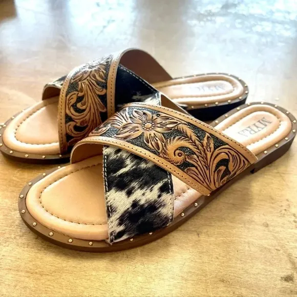 New! Myra Bag Western Hand-Tooled Leather Cowhide Hair-On Sandals