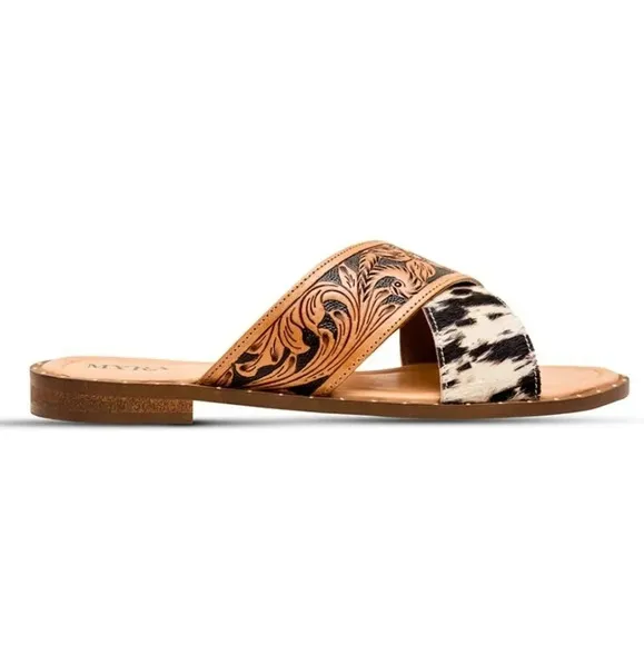 New! Myra Bag Western Hand-Tooled Leather Cowhide Hair-On Sandals