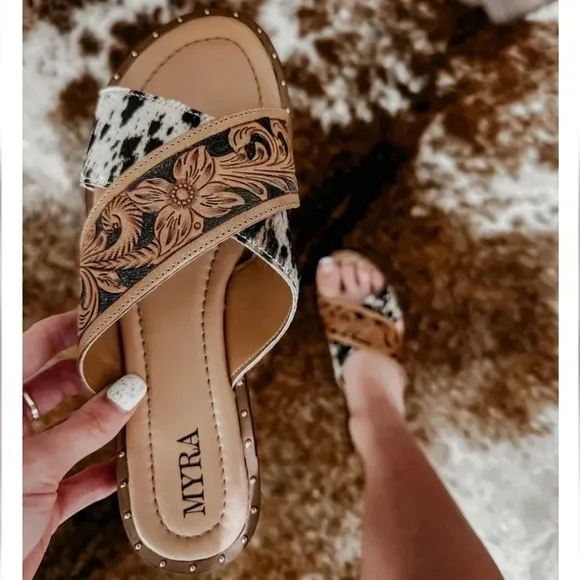 New! Myra Bag Western Hand-Tooled Leather Cowhide Hair-On Sandals