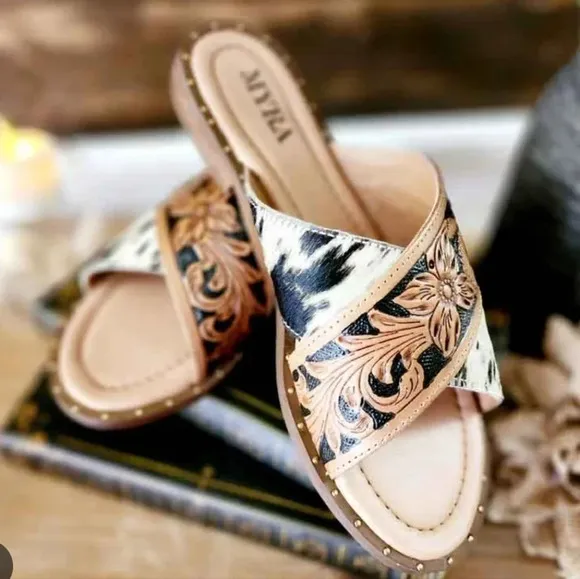 New! Myra Bag Western Hand-Tooled Leather Cowhide Hair-On Sandals