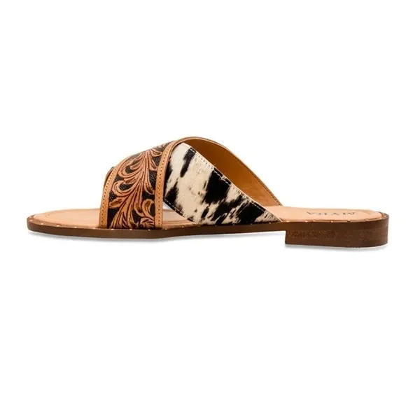 New! Myra Bag Western Hand-Tooled Leather Cowhide Hair-On Sandals