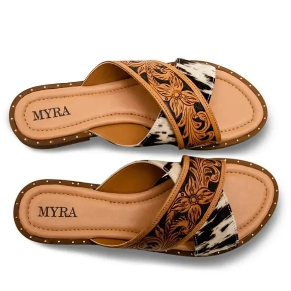 New! Myra Bag Western Hand-Tooled Leather Cowhide Hair-On Sandals