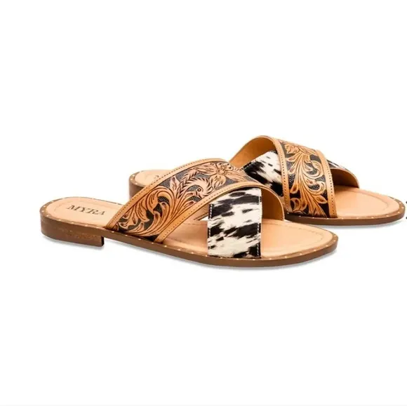 New! Myra Bag Western Hand-Tooled Leather Cowhide Hair-On Sandals